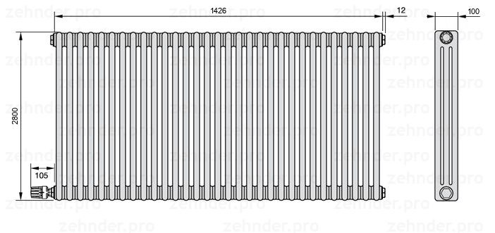 Схема (чертеж) Радиатор Zehnder Charleston 3280/31 №V004 Белый глянцевый RAL 9016